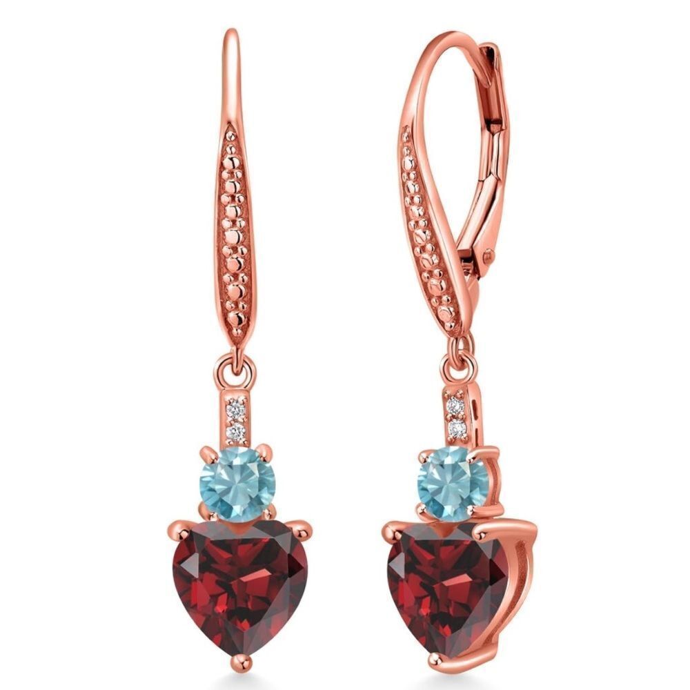 18K Rose Gold with 3.63 Cttw Red Garnet and Blue Zircon Heart Drop Earrings